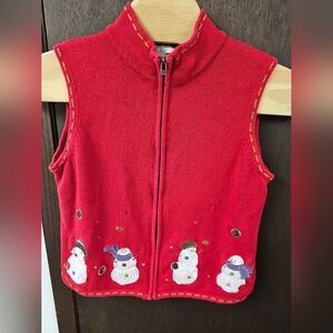 Christopher & Banks Sweater Vest Womens L Red Snowman Zip Front Embroidered